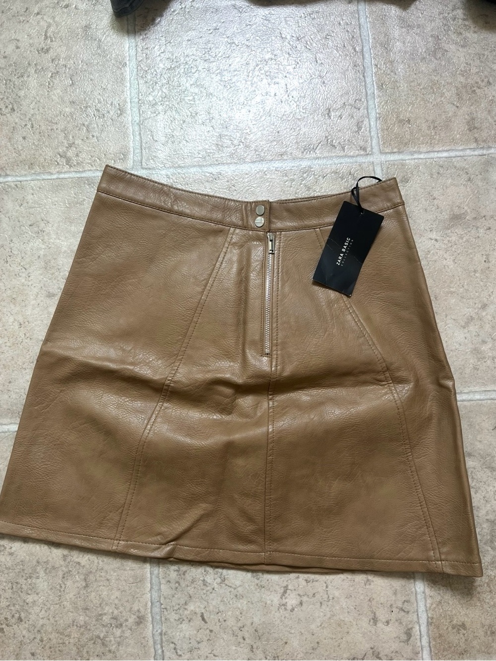 Zara Tan Faux Leather Mini Skirt with Front Zip